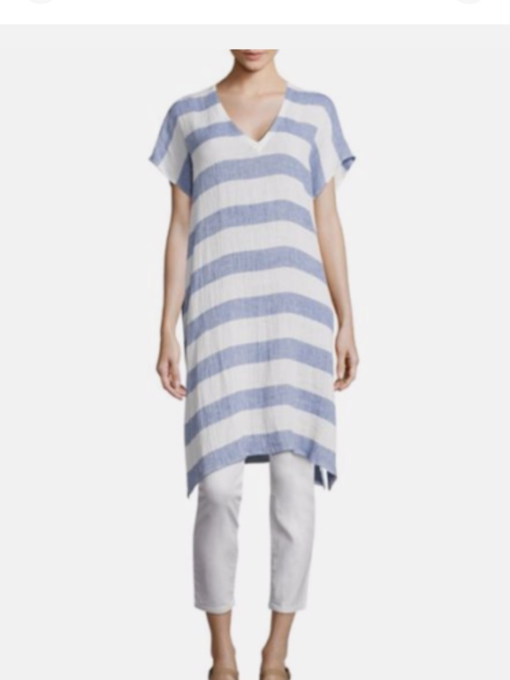 Eileen Fisher Blue and White Striped V-Neck Tunic Dress - Picture 6 of 11